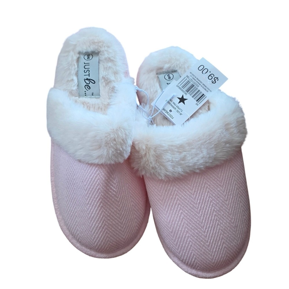 Just Be Womens Pink Herringbone Faux Fur Trim Scuff Slippers S/M 5-6 New
